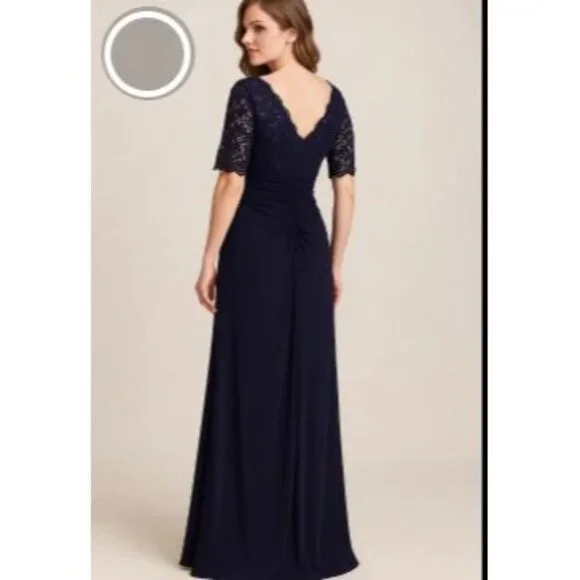 Betsy & Adams 16 Navy Blue Sequin Lace Bodice Gown Ruched Skirt & Beaded Detail - Picture 9 of 11